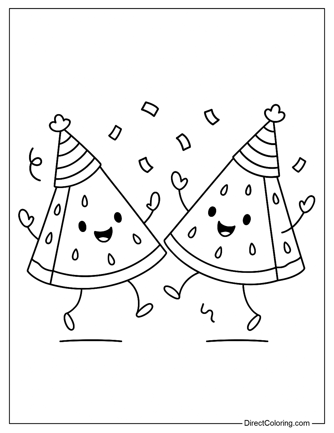 A coloring page of two anthropomorphic watermelon slices dancing, wearing party hats.